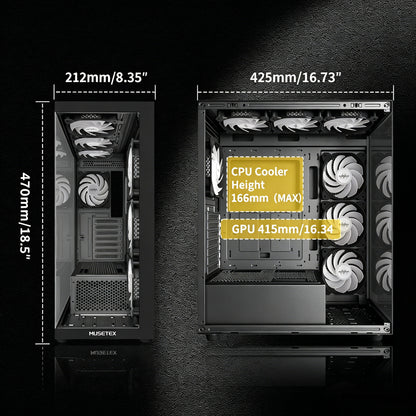 MUSETEX ATX PC Case 7 PWM ARGB Fans Pre-Installed, Type-C Mid Tower Computer Case with Full-View Dual Tempered Glass, Gaming PC Case, Black(K2)