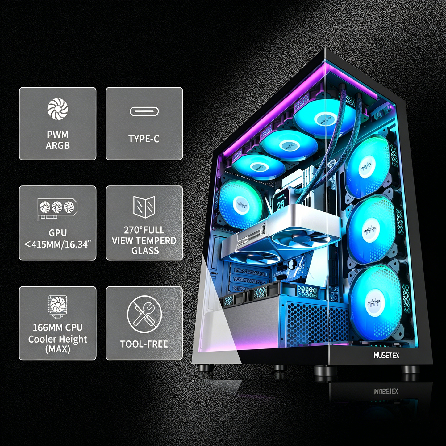 MUSETEX ATX PC Case 7 PWM ARGB Fans Pre-Installed, Type-C Mid Tower Computer Case with Full-View Dual Tempered Glass, Gaming PC Case, Black(K2)
