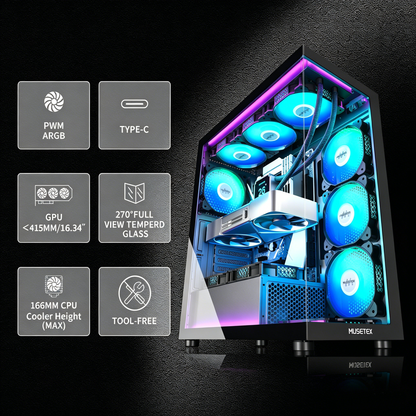MUSETEX ATX PC Case 7 PWM ARGB Fans Pre-Installed, Type-C Mid Tower Computer Case with Full-View Dual Tempered Glass, Gaming PC Case, Black(K2)