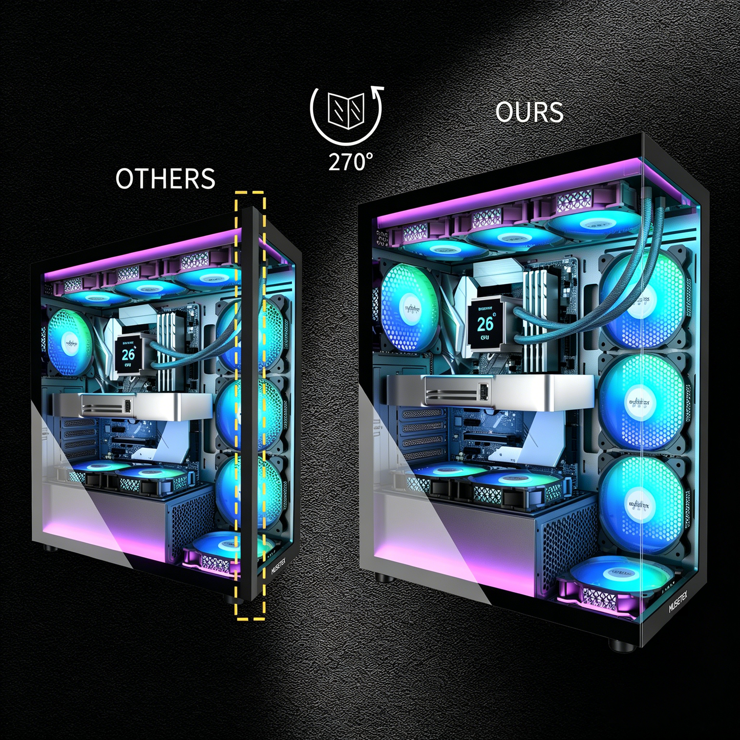 MUSETEX ATX PC Case 7 PWM ARGB Fans Pre-Installed, Type-C Mid Tower Computer Case with Full-View Dual Tempered Glass, Gaming PC Case, Black(K2)