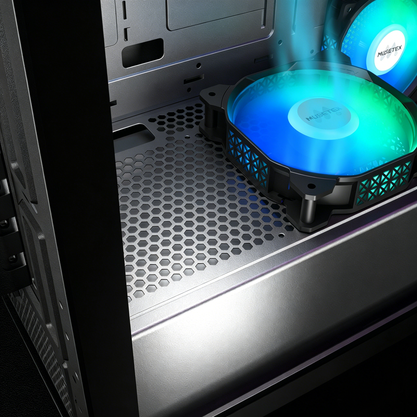 MUSETEX ATX PC Case 7 PWM ARGB Fans Pre-Installed, Type-C Mid Tower Computer Case with Full-View Dual Tempered Glass, Gaming PC Case, Black(K2)