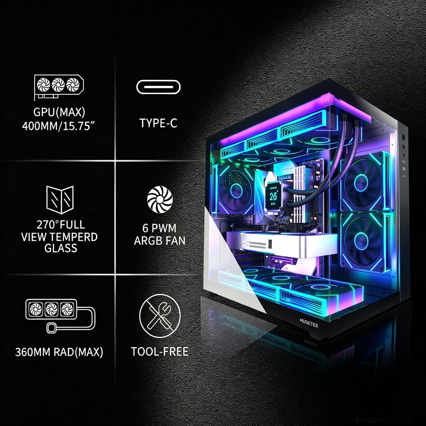 MUSETEX ATX PC Case,6 PWM ARGB Fans Pre-Installed,360MM RAD Support,Type-C Gaming PC Case,270° Full View Tempered Glass Mid Tower,Black ATX Computer Case,Y6