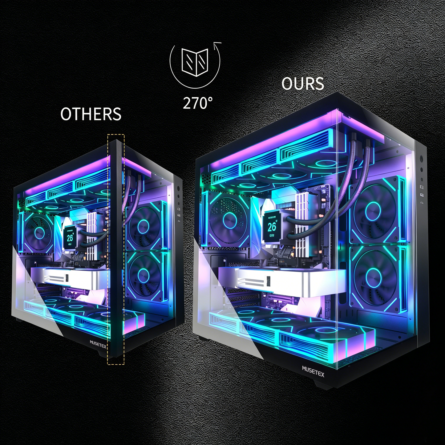 MUSETEX ATX PC Case,6 PWM ARGB Fans Pre-Installed,360MM RAD Support,Type-C Gaming PC Case,270° Full View Tempered Glass Mid Tower,Black ATX Computer Case,Y6