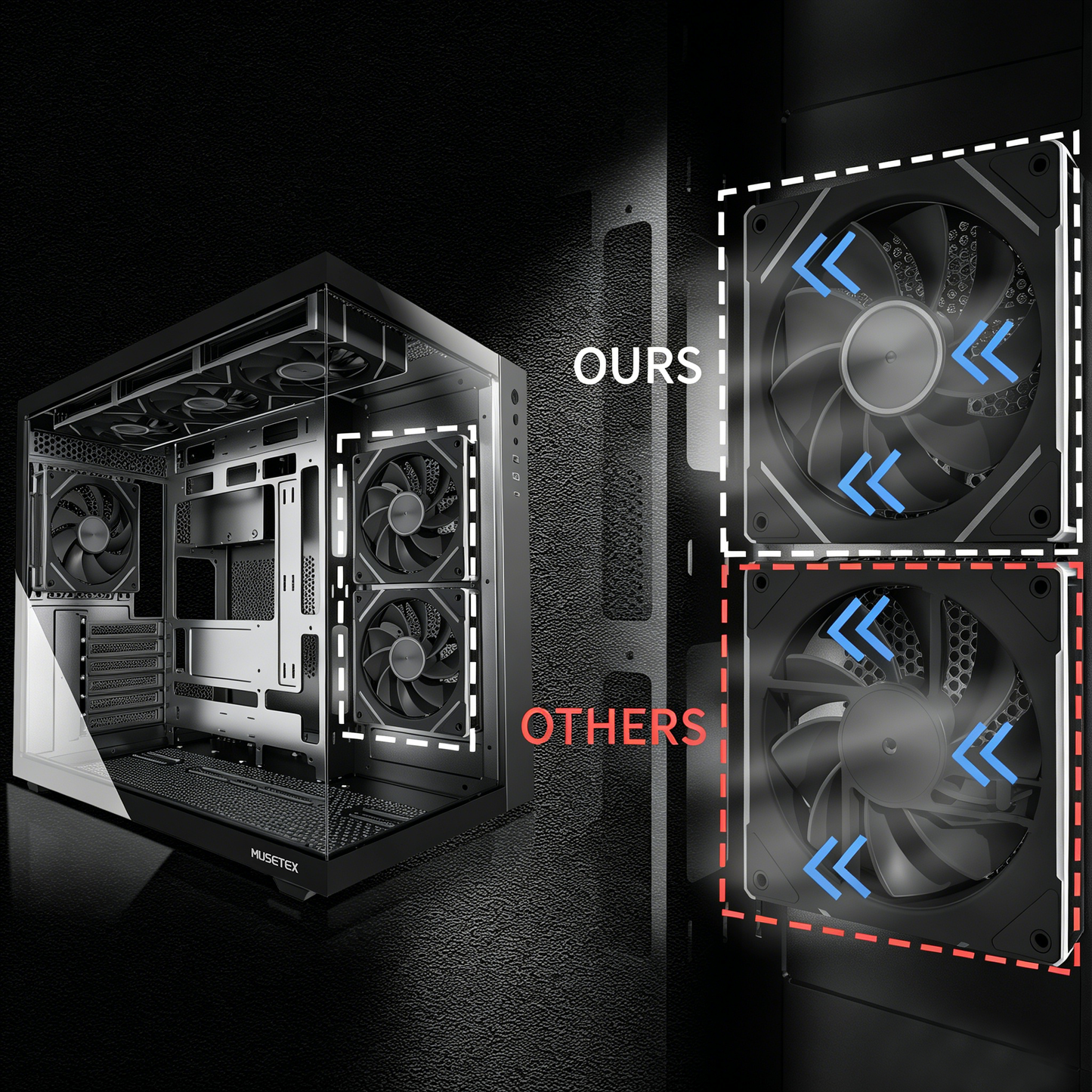 MUSETEX ATX PC Case,6 PWM ARGB Fans Pre-Installed,360MM RAD Support,Type-C Gaming PC Case,270° Full View Tempered Glass Mid Tower,Black ATX Computer Case,Y6