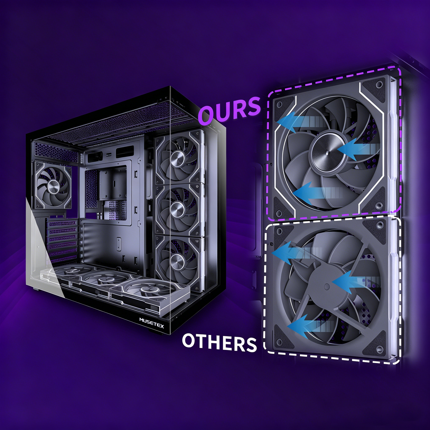 MUSETEX Y6 PC Case, Pre-Installed 7 Infinity Mirror PWM ARGB Fans, ATX Mid Tower Computer Case, Gaming PC Case with Type-C, 270° Full View Tempered Glass, Black