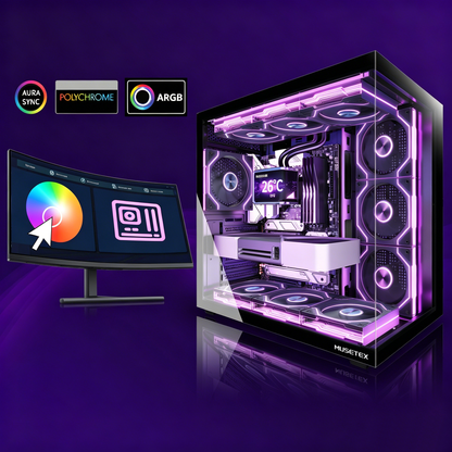 MUSETEX Y6 PC Case, Pre-Installed 7 Infinity Mirror PWM ARGB Fans, ATX Mid Tower Computer Case, Gaming PC Case with Type-C, 270° Full View Tempered Glass, Black