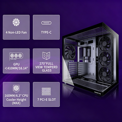 MUSETEX Y6 PC Case, Pre-Installed 4 Non-LED Fans, ATX Mid Tower Case, Computer Case with Type-C, 270° Full View Tempered Glass, Black