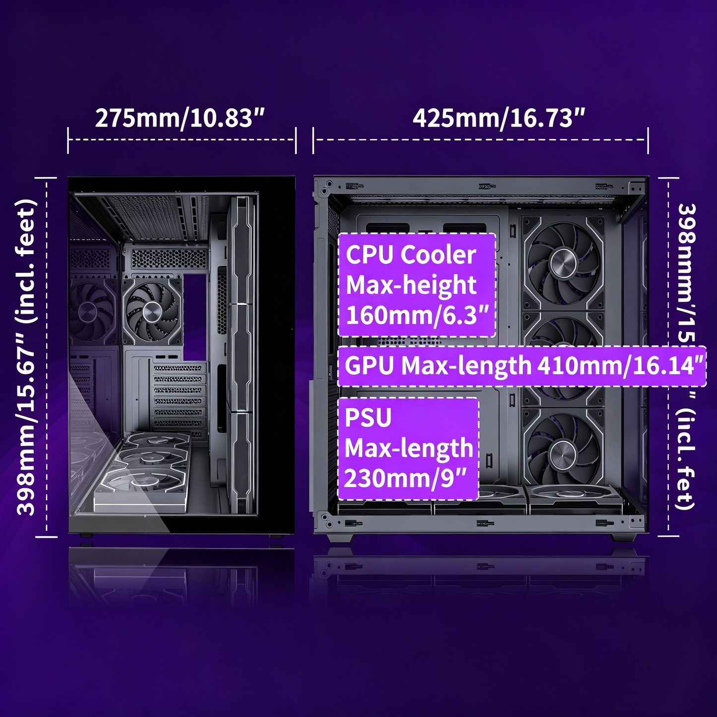 MUSETEX Y6 PC Case, Pre-Installed 4 Non-LED Fans, ATX Mid Tower Case, Computer Case with Type-C, 270° Full View Tempered Glass, Black