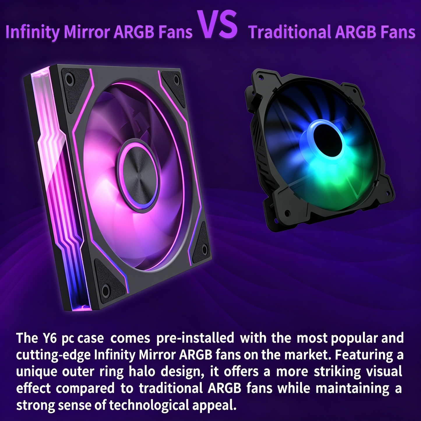 MUSETEX Y6 PC Case, Pre-Installed 7 Infinity Mirror PWM ARGB Fans, ATX Mid Tower Computer Case, Gaming PC Case with Type-C, 270° Full View Tempered Glass, Black