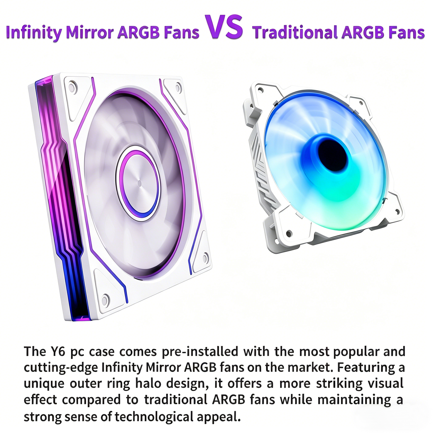 MUSETEX Y6 PC Case, Pre-Installed 7 Infinity Mirror PWM ARGB Fans, ATX Mid Tower Computer Case, Gaming PC Case with Type-C, 270° Full View Tempered Glass, White
