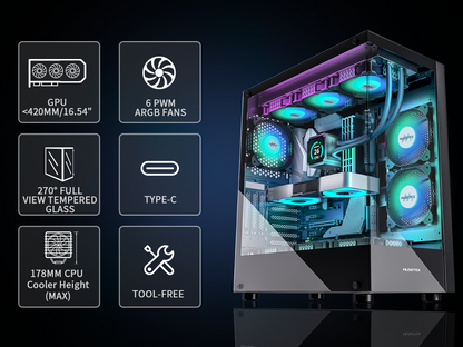 K2-N6-B MUSETEX PC CASE ATX 6 PWM ARGB Fans Pre-Installed, Type-C Mid Tower Computer Case with Full-View Dual Tempered Glass, Gaming PC Case,Black(K2)