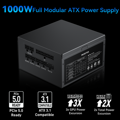 MUSETEX PC Power Supply 1000W, Full Modular ATX Power Supply, ATX 3.1 & PCIE 5.0 Gaming Power Supply, 105°C-Main Capacitors, With 12V-2x6 Cable, 140mm Ultra Quiet Cooling Fan, PC PSU, (Black) (MU1000)