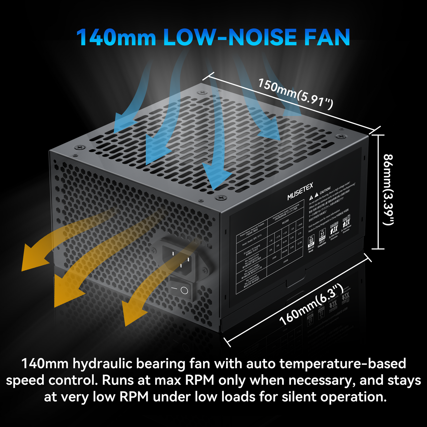 MUSETEX PC Power Supply 1000W, Full Modular ATX Power Supply, ATX 3.1 & PCIE 5.0 Gaming Power Supply, 105°C-Main Capacitors, With 12V-2x6 Cable, 140mm Ultra Quiet Cooling Fan, PC PSU, (Black) (MU1000)
