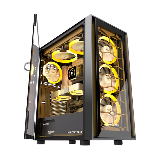 G07-S6 MUSETEX ATX PC Case, 6 PWM ARGB Fans Pre-Installed, Computer Case with Opening Tempered Glass Door, Mid Tower Gaming PC Case, USB 3.0 x 2, Black, G07-S6