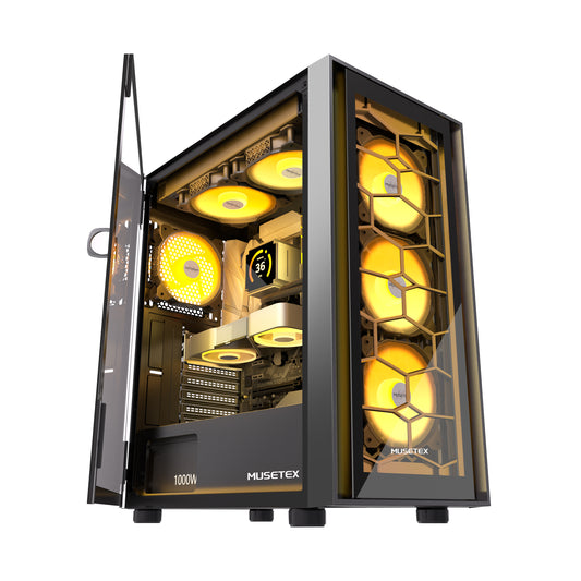 MUSETEX ATX PC Case, 6 PWM ARGB Fans Pre-Installed, Computer Case with Opening Tempered Glass Door, Mid Tower Gaming PC Case, USB 3.0 x 2, Black, G07
