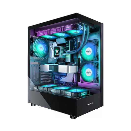 K2-N6-B MUSETEX PC CASE ATX 6 PWM ARGB Fans Pre-Installed, Type-C Mid Tower Computer Case with Full-View Dual Tempered Glass, Gaming PC Case,Black(K2)