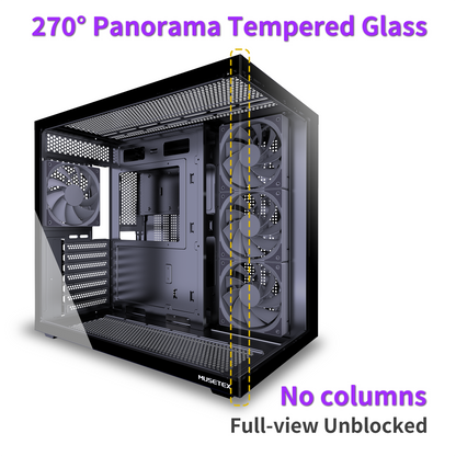 MUSETEX Y6 PC Case, Pre-Installed 4 Non-LED Fans, ATX Mid Tower Case, Computer Case with Type-C, 270° Full View Tempered Glass, Black