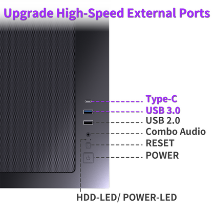 MUSETEX Y6 PC Case, Pre-Installed 4 Non-LED Fans, ATX Mid Tower Case, Computer Case with Type-C, 270° Full View Tempered Glass, Black