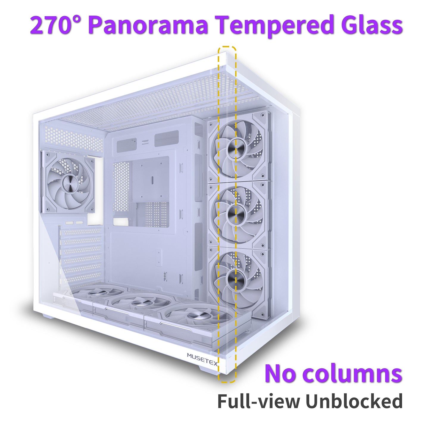 MUSETEX Y6 PC Case, Pre-Installed 7 Infinity Mirror PWM ARGB Fans, ATX Mid Tower Computer Case, Gaming PC Case with Type-C, 270° Full View Tempered Glass, White