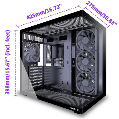MUSETEX Y6 PC Case, Pre-Installed 4 Non-LED Fans, ATX Mid Tower Case, Computer Case with Type-C, 270° Full View Tempered Glass, Black