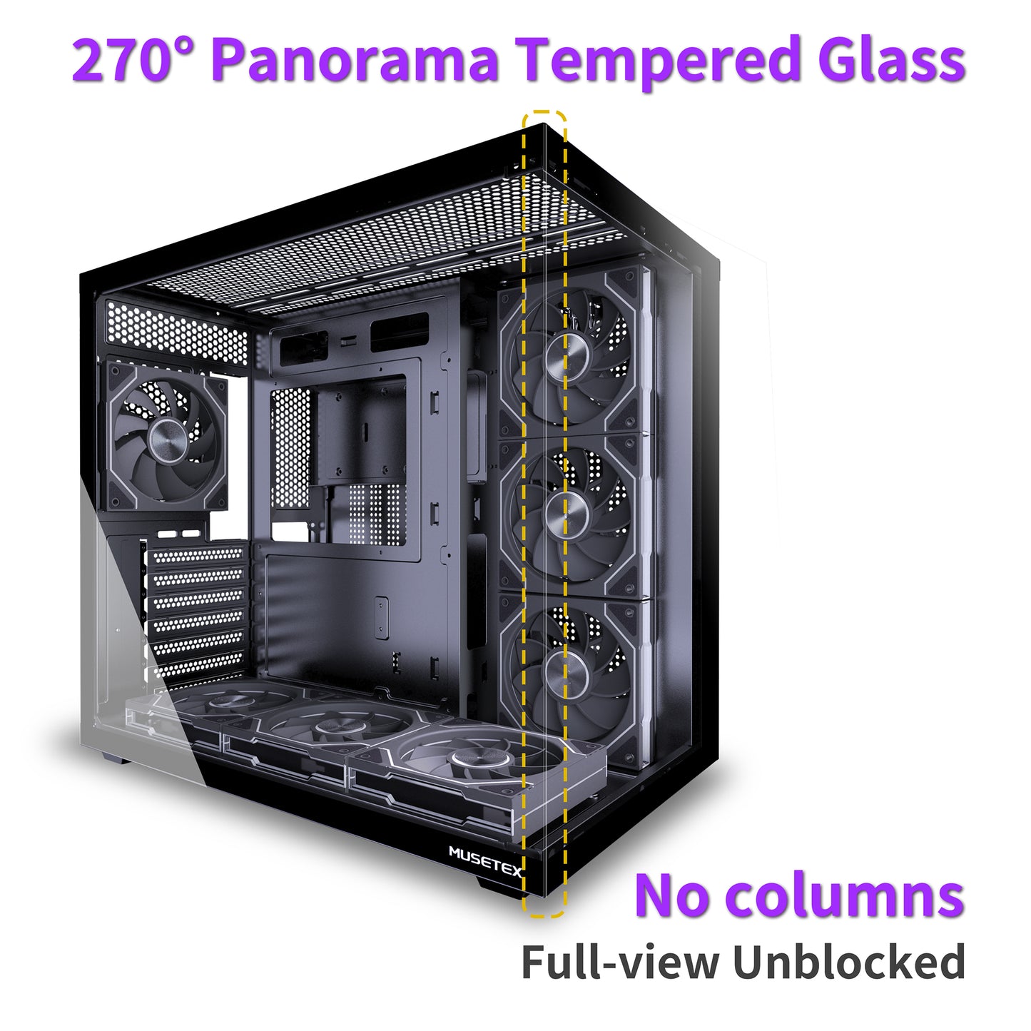 MUSETEX Y6 PC Case, Pre-Installed 7 Infinity Mirror PWM ARGB Fans, ATX Mid Tower Computer Case, Gaming PC Case with Type-C, 270° Full View Tempered Glass, Black