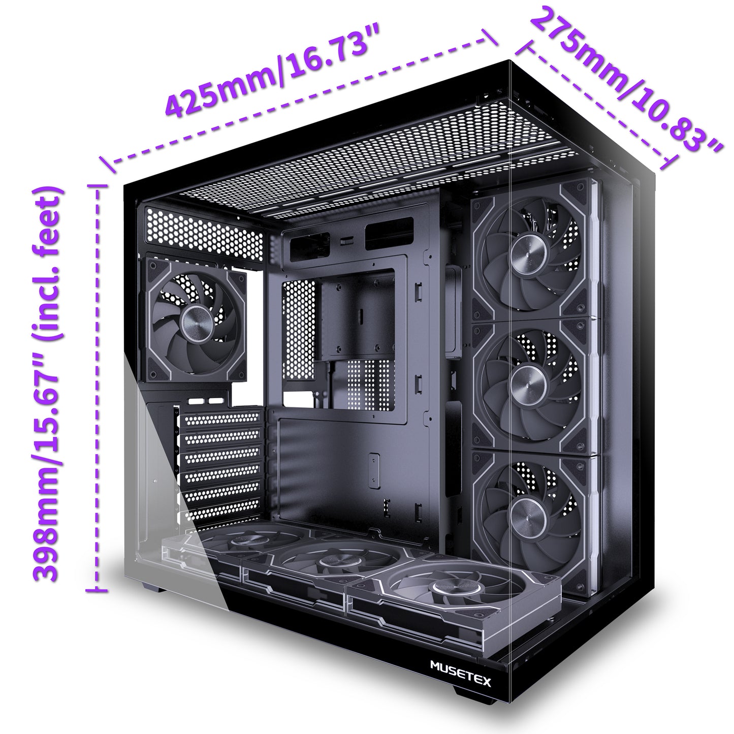 MUSETEX Y6 PC Case, Pre-Installed 7 Infinity Mirror PWM ARGB Fans, ATX Mid Tower Computer Case, Gaming PC Case with Type-C, 270° Full View Tempered Glass, Black