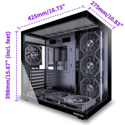 MUSETEX Y6 PC Case, Pre-Installed 7 Infinity Mirror PWM ARGB Fans, ATX Mid Tower Computer Case, Gaming PC Case with Type-C, 270° Full View Tempered Glass, Black