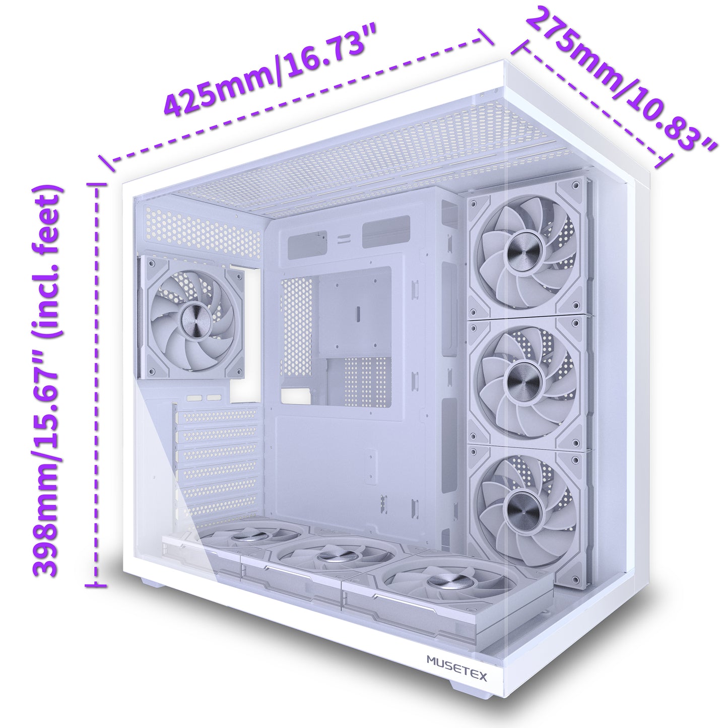 MUSETEX Y6 PC Case, Pre-Installed 7 Infinity Mirror PWM ARGB Fans, ATX Mid Tower Computer Case, Gaming PC Case with Type-C, 270° Full View Tempered Glass, White