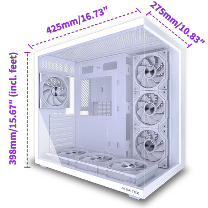 MUSETEX Y6 PC Case, Pre-Installed 7 Infinity Mirror PWM ARGB Fans, ATX Mid Tower Computer Case, Gaming PC Case with Type-C, 270° Full View Tempered Glass, White