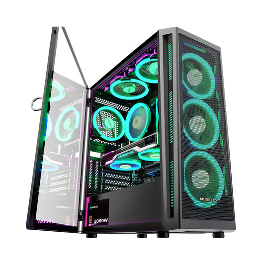 TW8-S6 MUSETEX ATX PC Case with 6 PWM ARGB Fans, Mid-Tower Gaming Case with Opening Tempered Glass Side Panel Door, Mesh Computer Case, TW8
