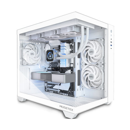 Y6-3-W MUSETEX ATX PC Case, 3 x 120mm Fans Pre-Installed, 360MM RAD Support, 270° Full View Tempered Glass Gaming PC Case with Type-C, Mid Tower ATX Computer Case, White, Y6