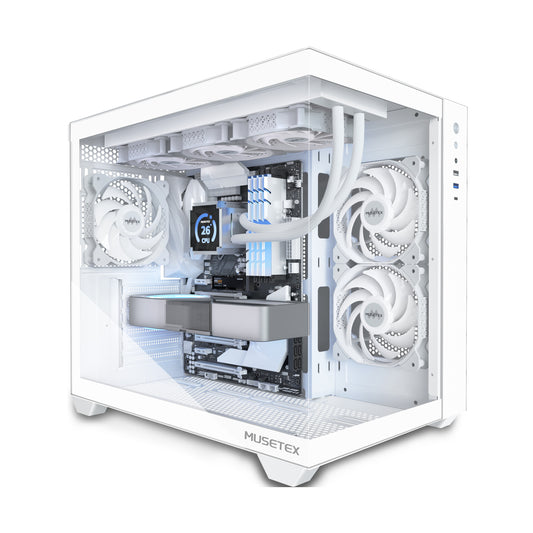 Y6-3-W MUSETEX ATX PC Case, 3 x 120mm Fans Pre-Installed, 360MM RAD Support, 270° Full View Tempered Glass Gaming PC Case with Type-C, Mid Tower ATX Computer Case, White, Y6