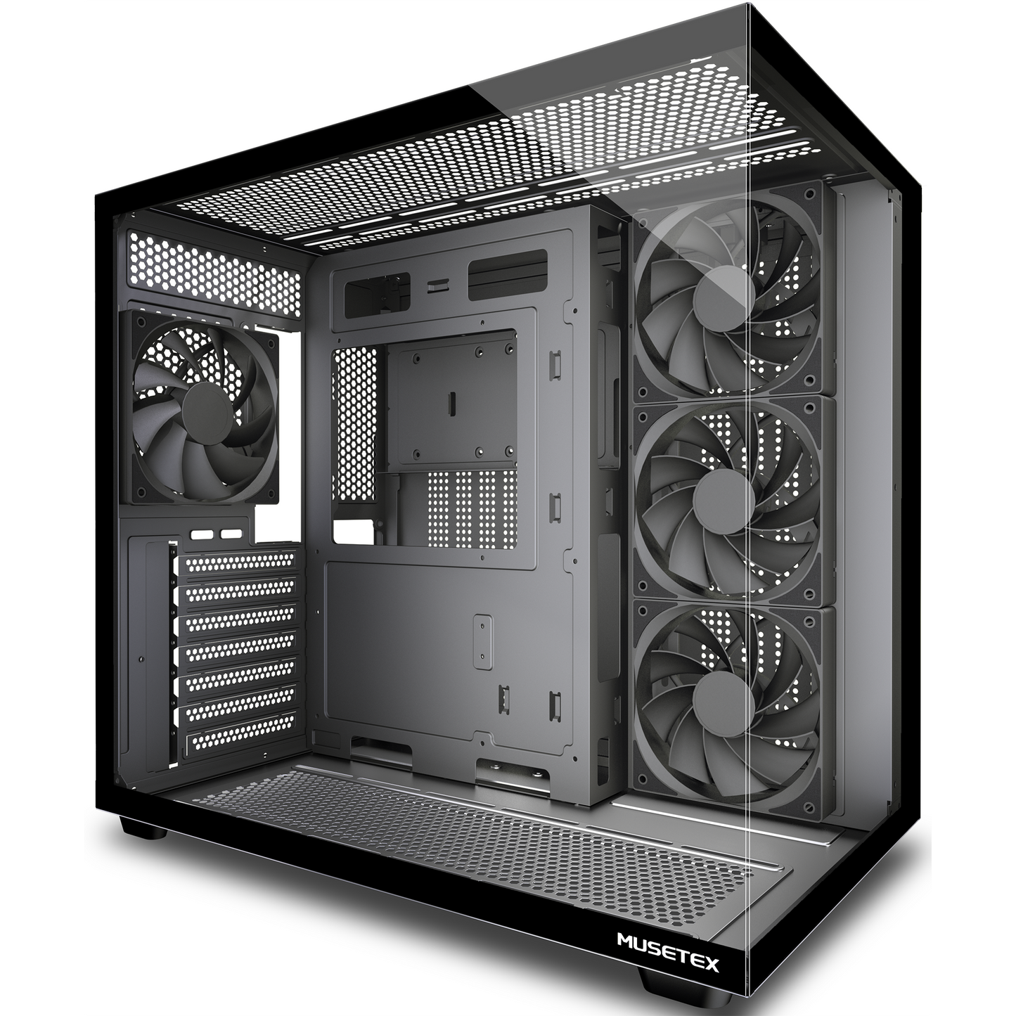 MUSETEX Y6 PC Case, Pre-Installed 4 Non-LED Fans, ATX Mid Tower Case, Computer Case with Type-C, 270° Full View Tempered Glass, Black