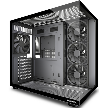 MUSETEX Y6 PC Case, Pre-Installed 4 Non-LED Fans, ATX Mid Tower Case, Computer Case with Type-C, 270° Full View Tempered Glass, Black
