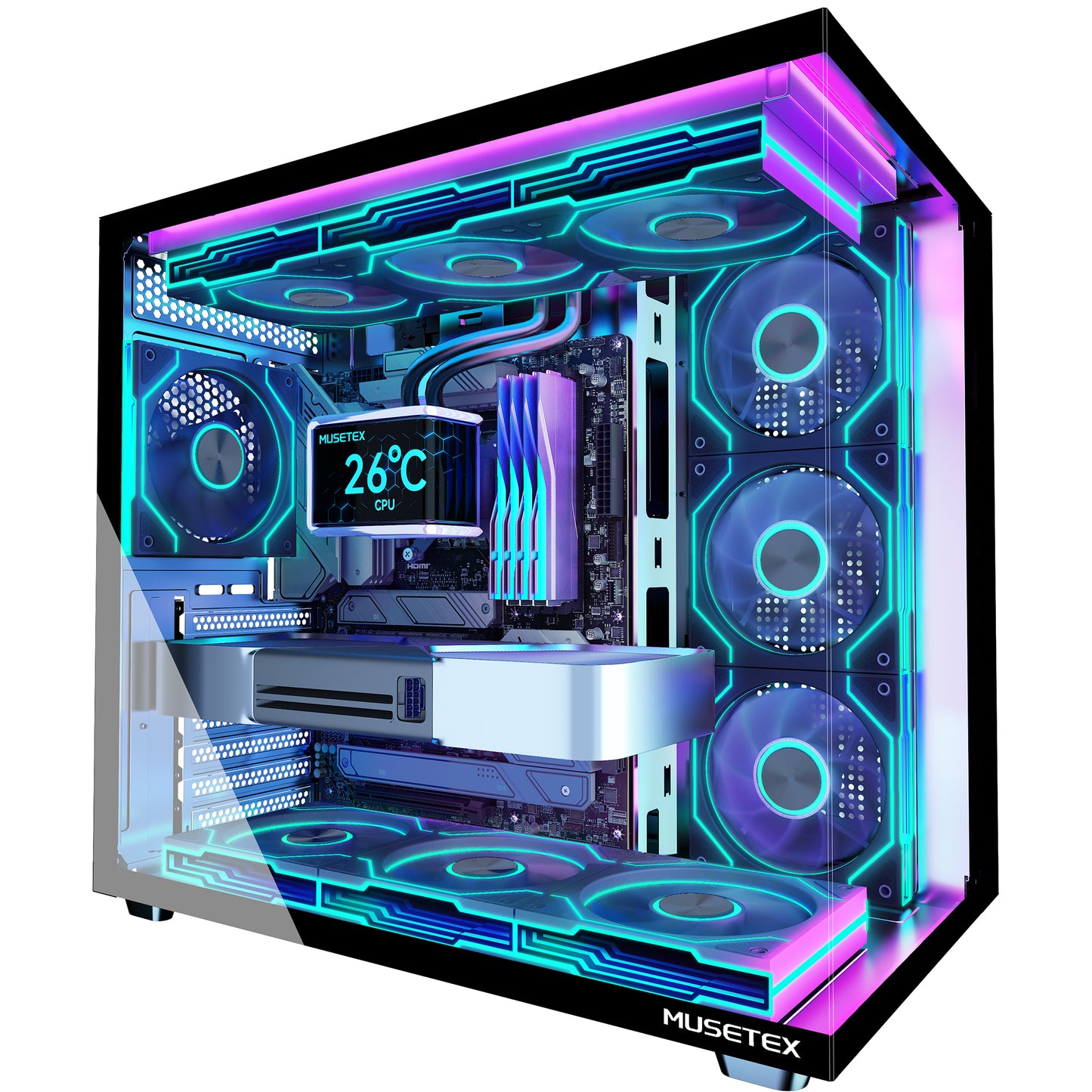 MUSETEX Y6 PC Case, Pre-Installed 7 Infinity Mirror PWM ARGB Fans, ATX Mid Tower Computer Case, Gaming PC Case with Type-C, 270° Full View Tempered Glass, Black