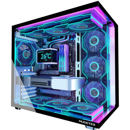 MUSETEX Y6 PC Case, Pre-Installed 7 Infinity Mirror PWM ARGB Fans, ATX Mid Tower Computer Case, Gaming PC Case with Type-C, 270° Full View Tempered Glass, Black