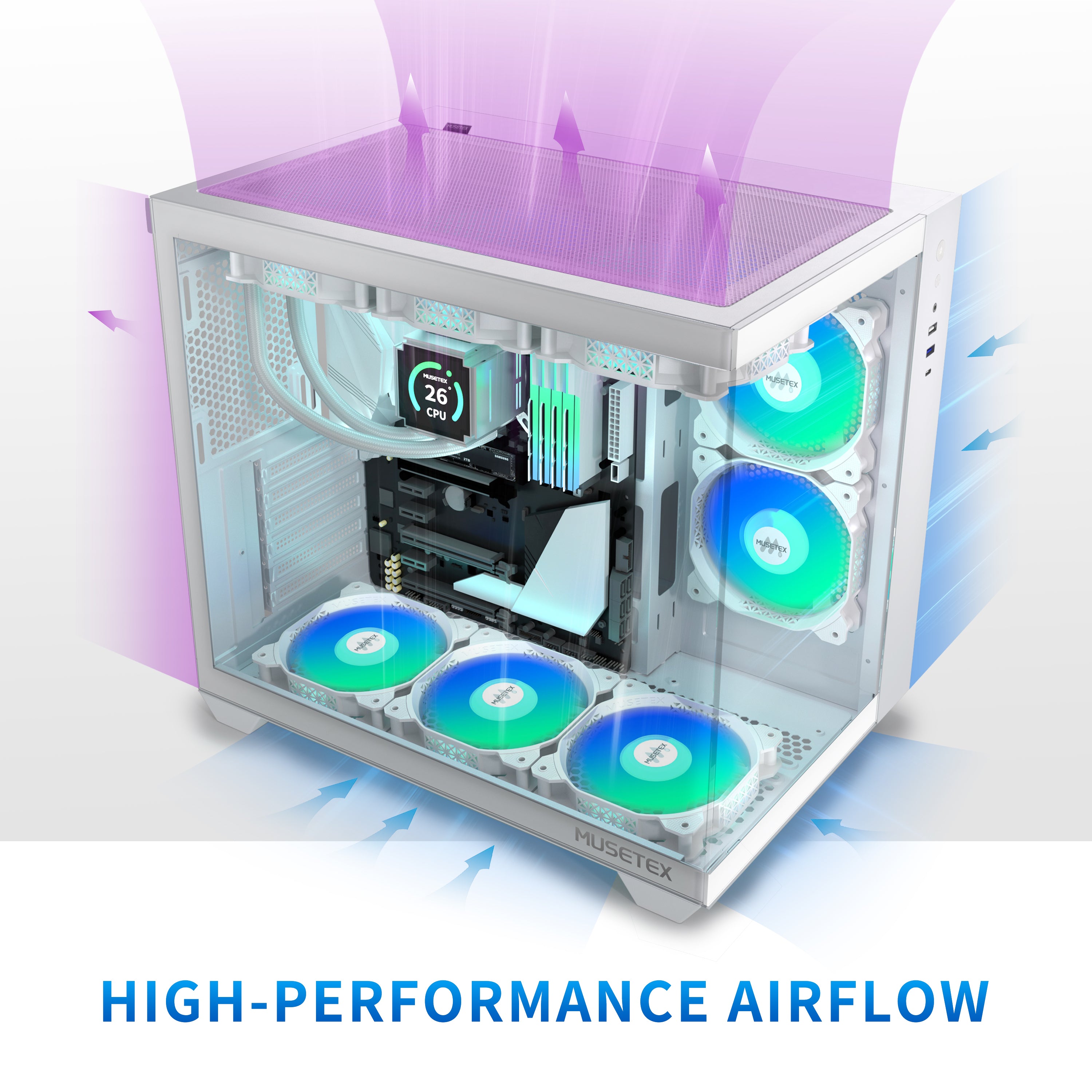 MUSETEX ATX PC Case,5 PWM ARGB Fans Pre-Installed,360MM RAD Support,Ty