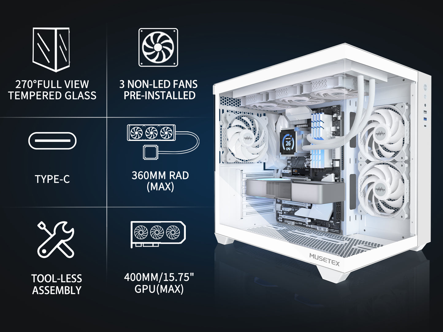 Y6-3-W MUSETEX ATX PC Case, 3 x 120mm Fans Pre-Installed, 360MM RAD Support, 270° Full View Tempered Glass Gaming PC Case with Type-C, Mid Tower ATX Computer Case, White, Y6