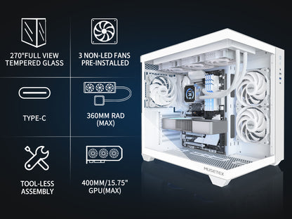 Y6-3-W MUSETEX ATX PC Case, 3 x 120mm Fans Pre-Installed, 360MM RAD Support, 270° Full View Tempered Glass Gaming PC Case with Type-C, Mid Tower ATX Computer Case, White, Y6