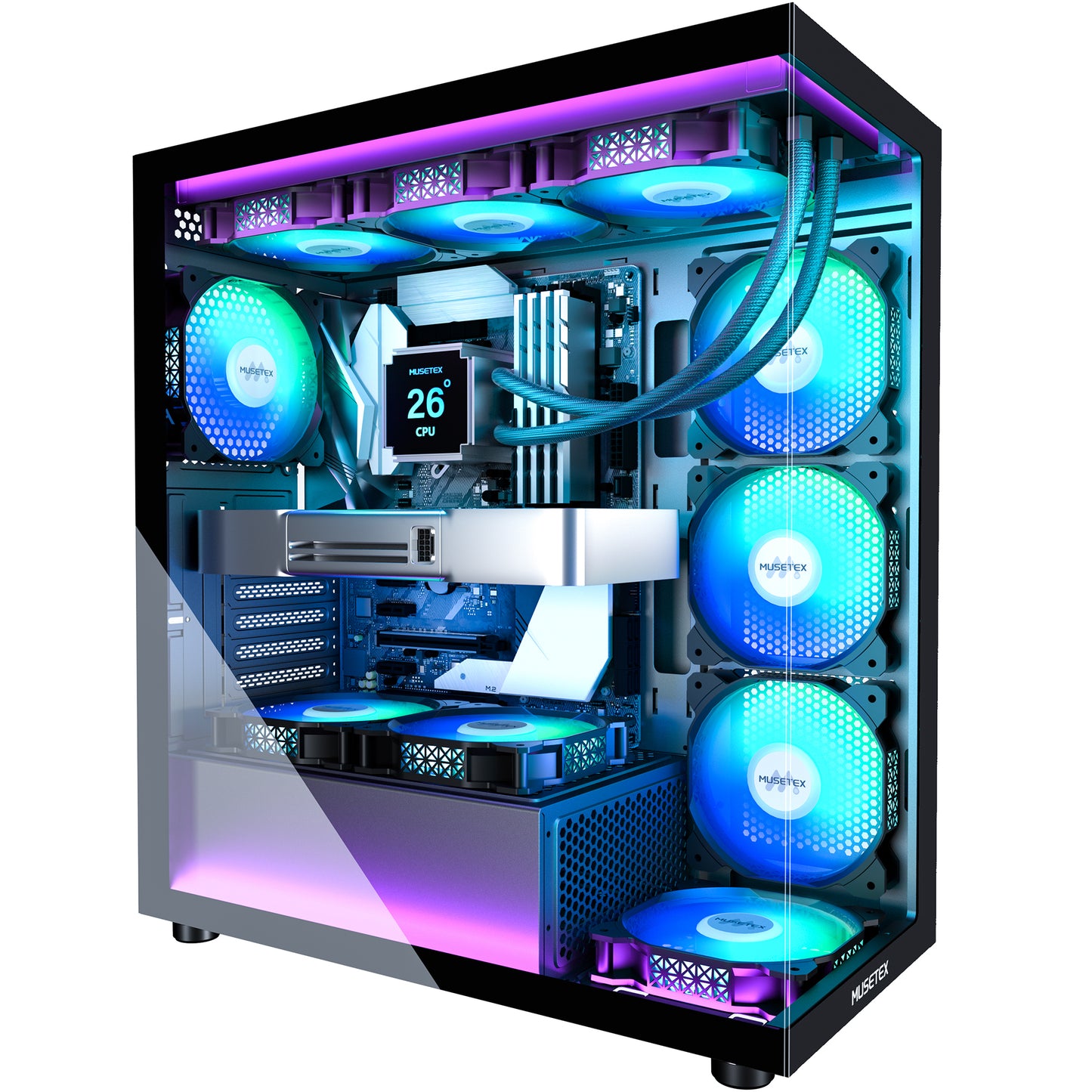 MUSETEX ATX PC Case 7 PWM ARGB Fans Pre-Installed, Type-C Mid Tower Computer Case with Full-View Dual Tempered Glass, Gaming PC Case, Black(K2)