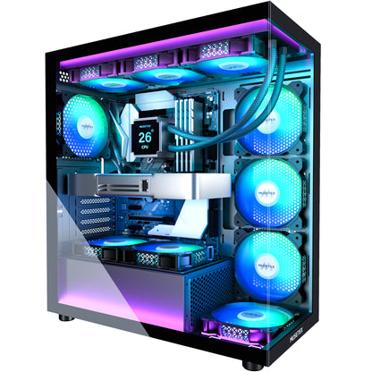 MUSETEX ATX PC Case 7 PWM ARGB Fans Pre-Installed, Type-C Mid Tower Computer Case with Full-View Dual Tempered Glass, Gaming PC Case, Black(K2)