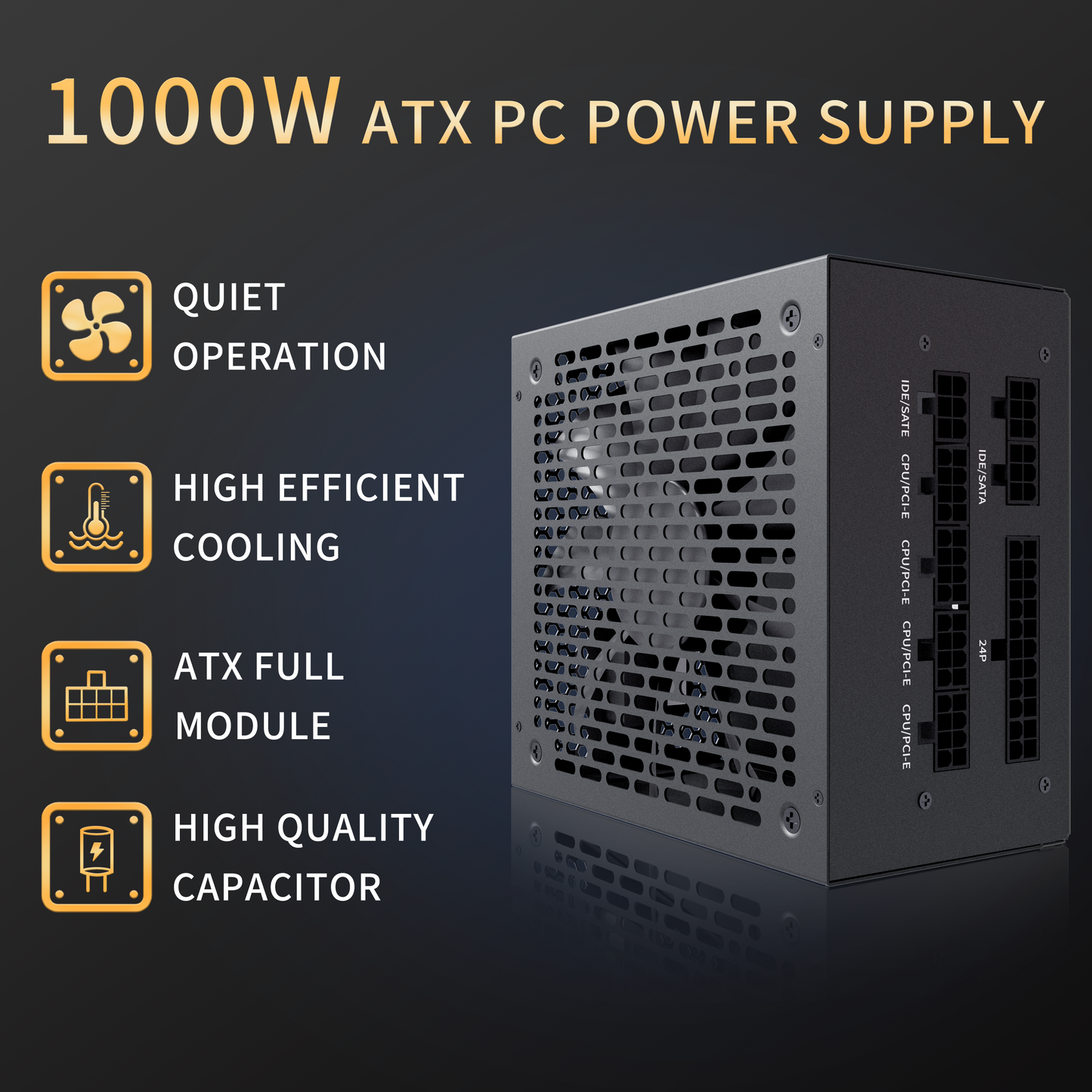 MUSETEX Power Supply 1000W, Full Modular ATX Computer Power Supplies, Multi Connectors, 140mm Ultra Quiet Cooling Fan, PC PSU, Black (MU1000)-Supported in US only