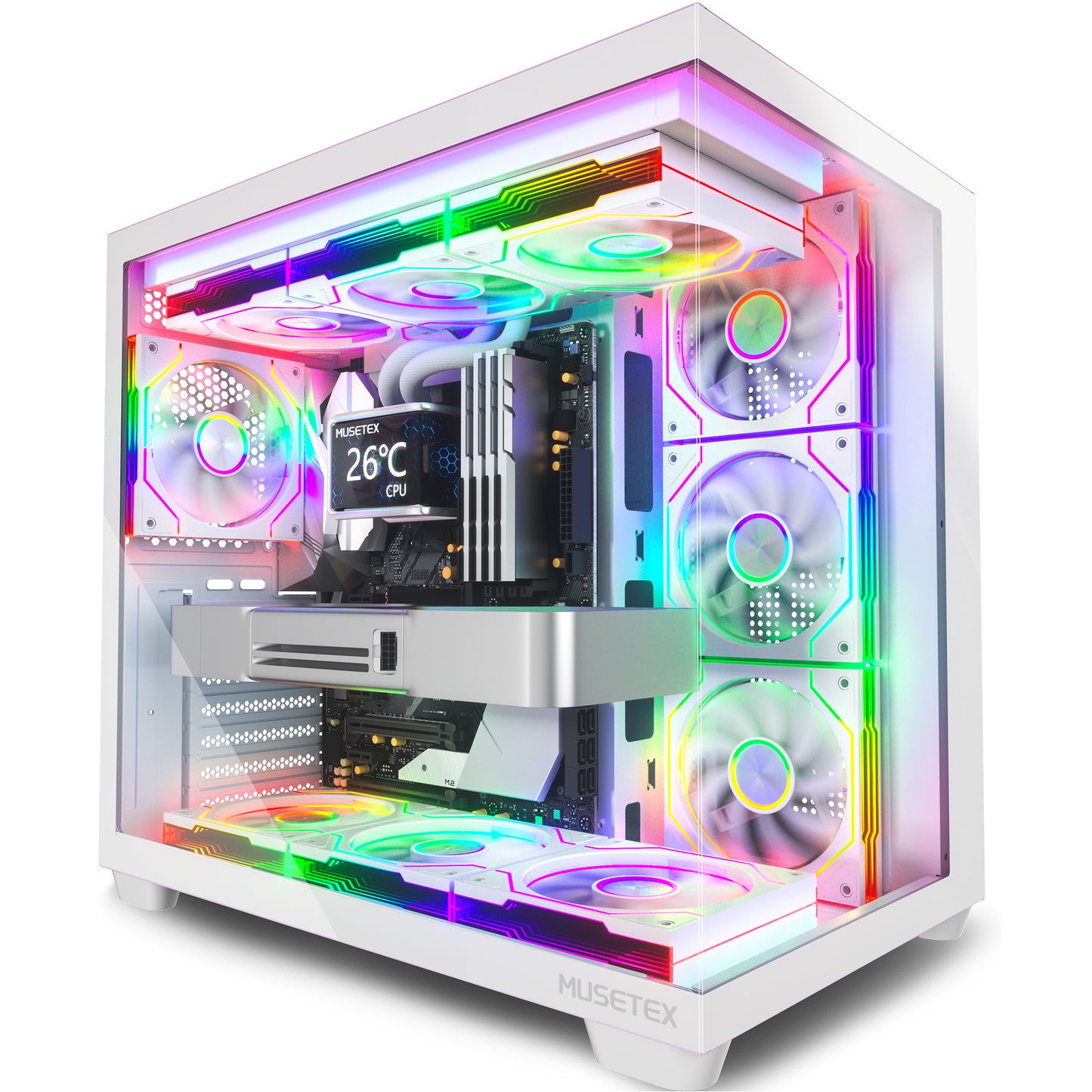 MUSETEX Y6 PC Case, Pre-Installed 7 Infinity Mirror PWM ARGB Fans, ATX Mid Tower Computer Case, Gaming PC Case with Type-C, 270° Full View Tempered Glass, White