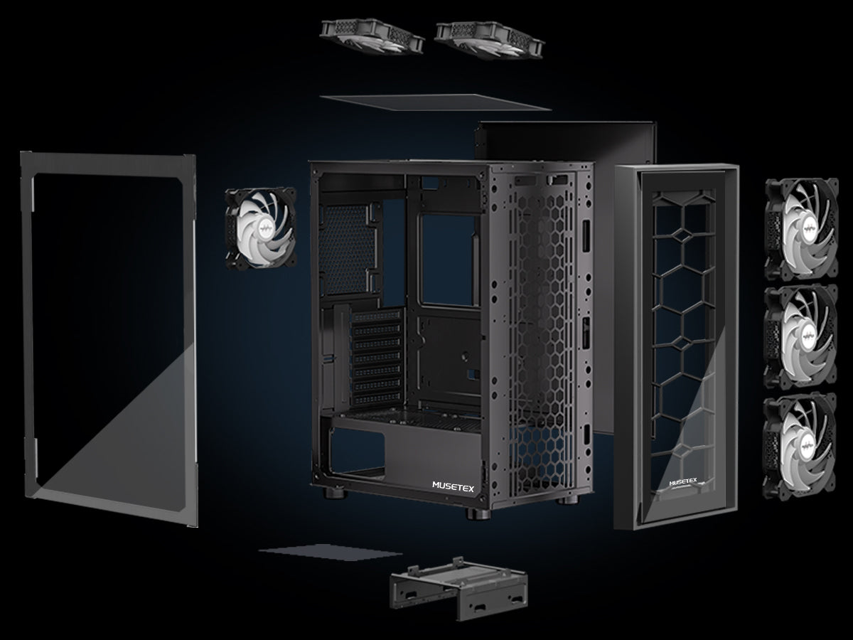 MUSETEX ATX PC Case 6 PWM ARGB Fans Pre-Installed, Mid Tower Gaming PC