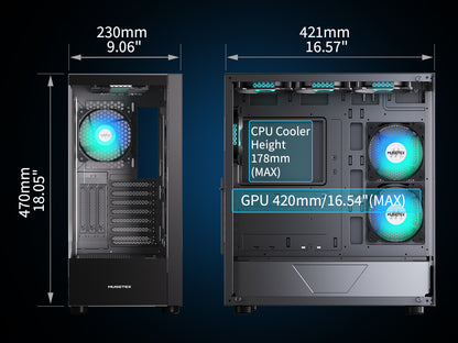K2-N6-B MUSETEX PC CASE ATX 6 PWM ARGB Fans Pre-Installed, Type-C Mid Tower Computer Case with Full-View Dual Tempered Glass, Gaming PC Case,Black(K2)