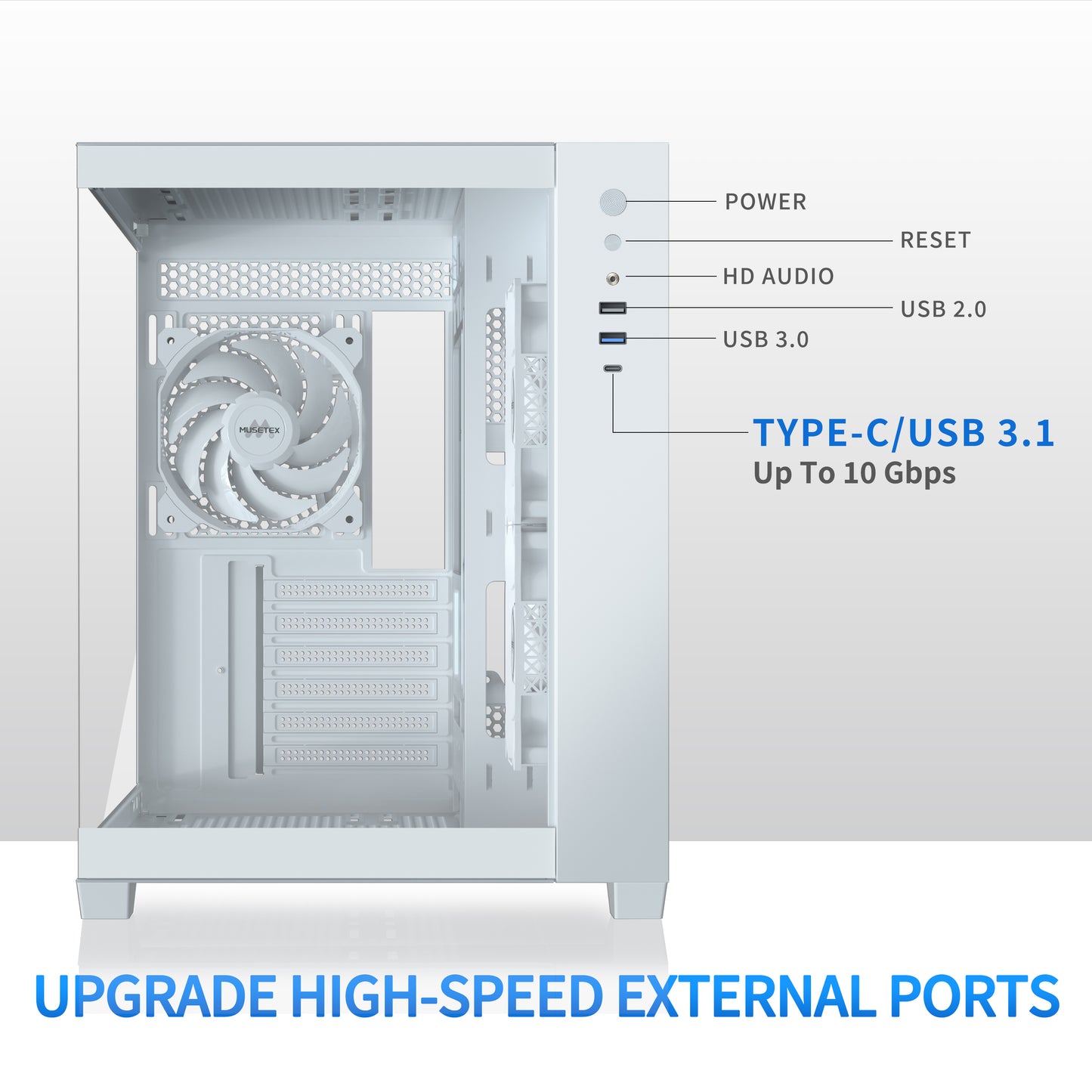 Y6-3-W MUSETEX ATX PC Case, 3 x 120mm Fans Pre-Installed, 360MM RAD Support, 270° Full View Tempered Glass Gaming PC Case with Type-C, Mid Tower ATX Computer Case, White, Y6