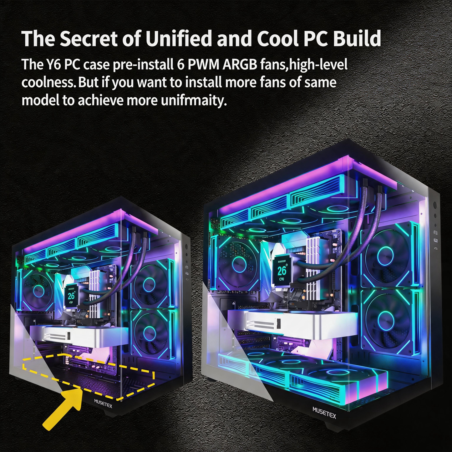 MUSETEX ATX PC Case,6 PWM ARGB Fans Pre-Installed,360MM RAD Support,Type-C Gaming PC Case,270° Full View Tempered Glass Mid Tower,Black ATX Computer Case,Y6