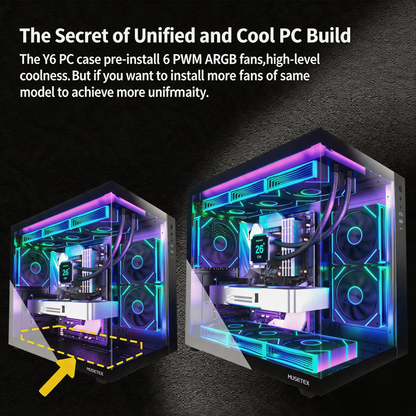MUSETEX ATX PC Case,6 PWM ARGB Fans Pre-Installed,360MM RAD Support,Type-C Gaming PC Case,270° Full View Tempered Glass Mid Tower,Black ATX Computer Case,Y6