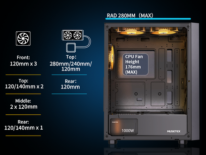 G07S-N6 MUSETEX ATX PC Case, 6 PWM ARGB Fans Pre-Installed, Computer Case with Double Tempered Glass, Mid Tower Gaming PC Case, USB 3.0 x 2, Black, G07