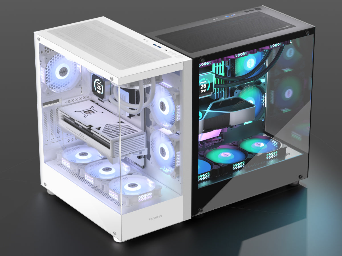 K2 MUSETEX ATX PC Case, White, 3 Non-LED Fans Pre-Installed 270° Full view